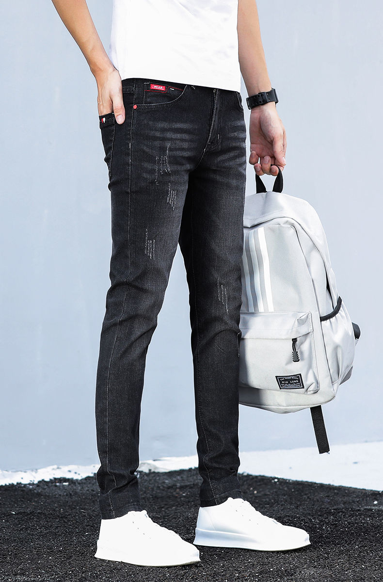 保暖加厚休身库孑超低腰牛仔裤男修身型加绒加绒加厚黑色牛仔裤男士