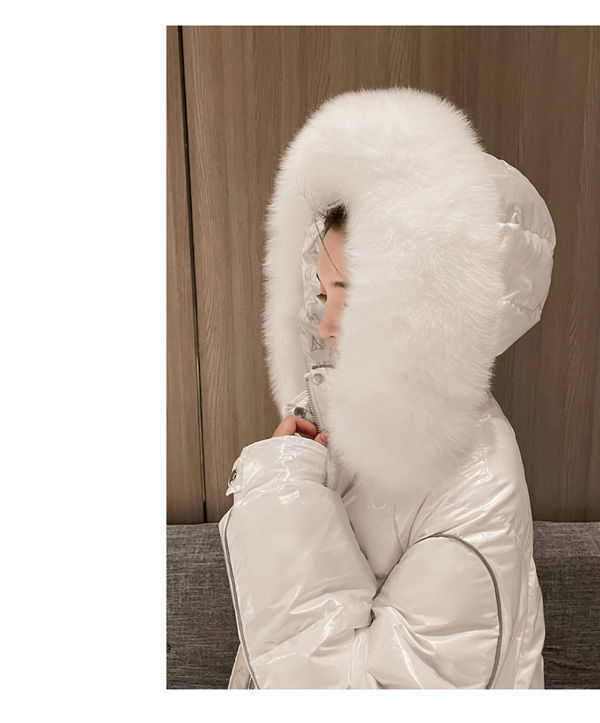 雪中飞亮面白色羽绒服女2021新款冬装宽松显瘦中长款时尚连帽白鸭绒