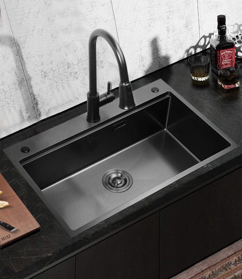 纳米黑色加厚厨房304不锈钢手工水槽台上盆洗菜盆单槽洗碗槽6846 7546