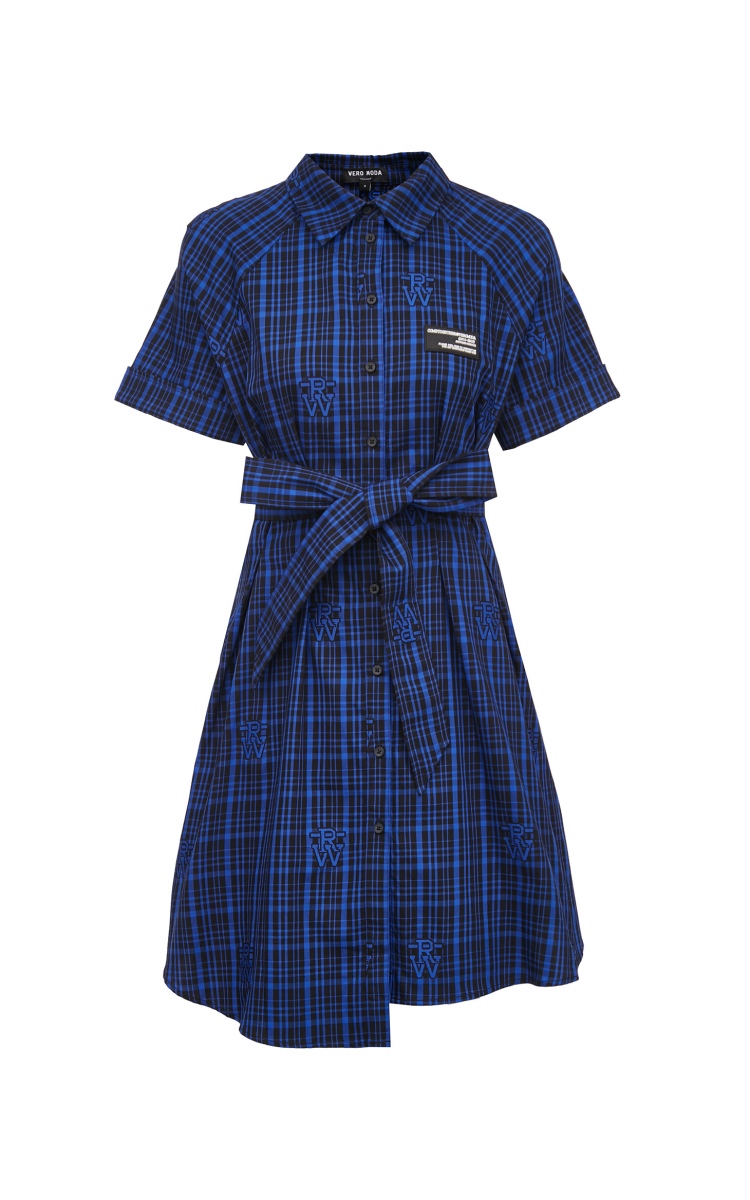 vero moda2021春夏新款字母刺绣格纹衬衫式连衣裙32127b028 e39深蓝色