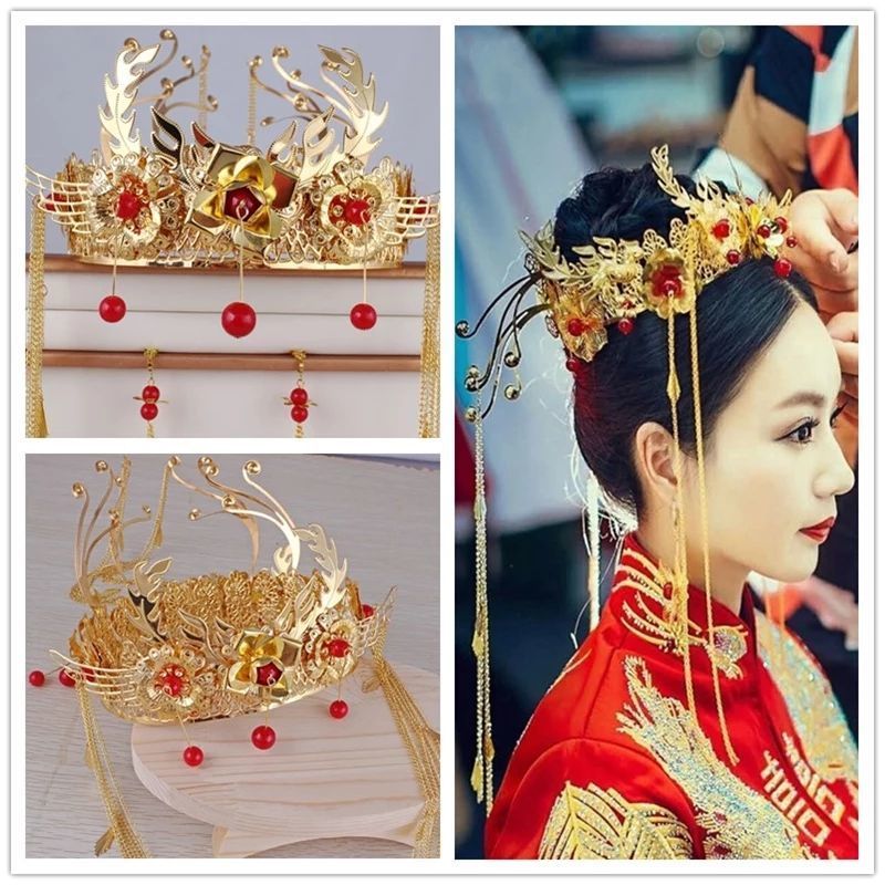 万宝资新娘秀禾服头饰中式古典汉服流苏对簪金色凤冠结