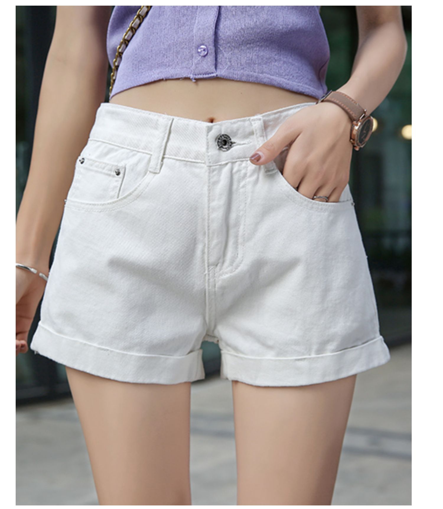 女夏超高腰2021年网红2021新款黑色宽松外穿a字显瘦热裤 黑色翻边短裤