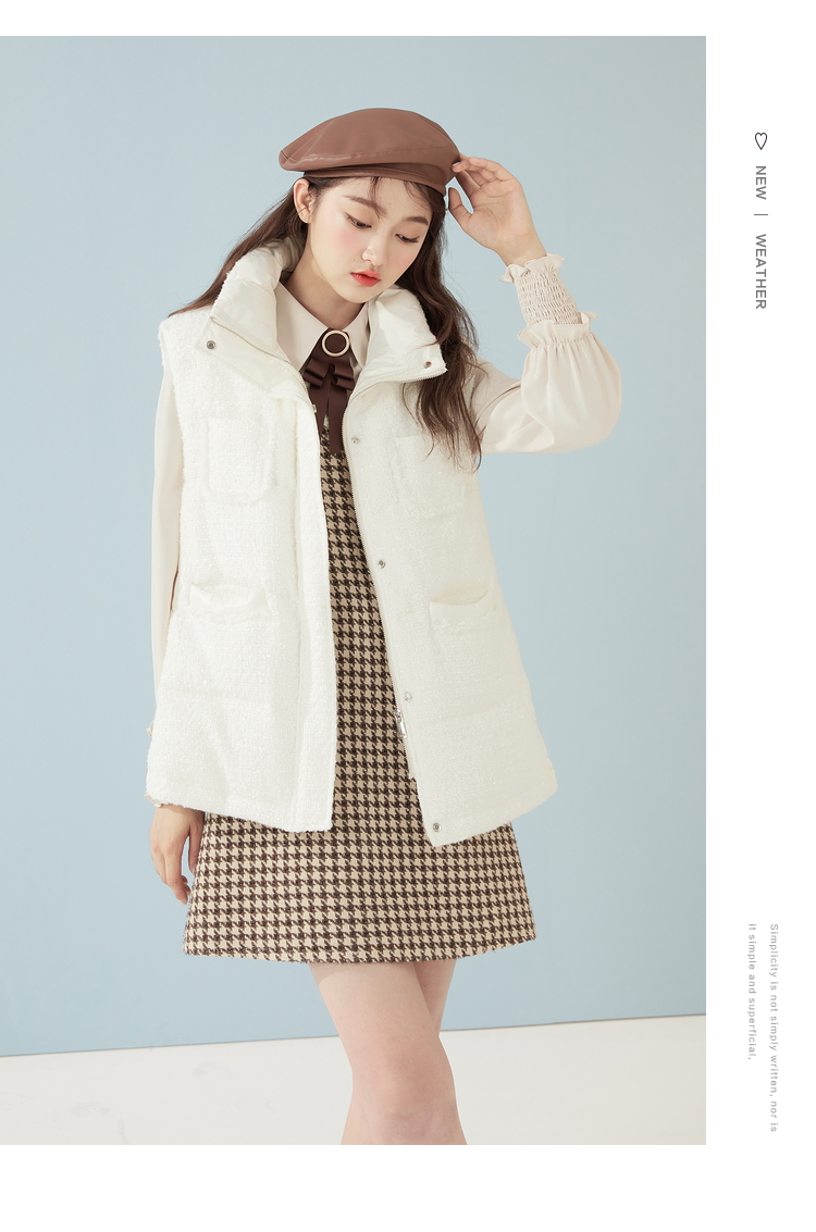 伊人2020年冬装新品女装时尚休闲拼接立领无袖羽绒服马甲外套 米色 m