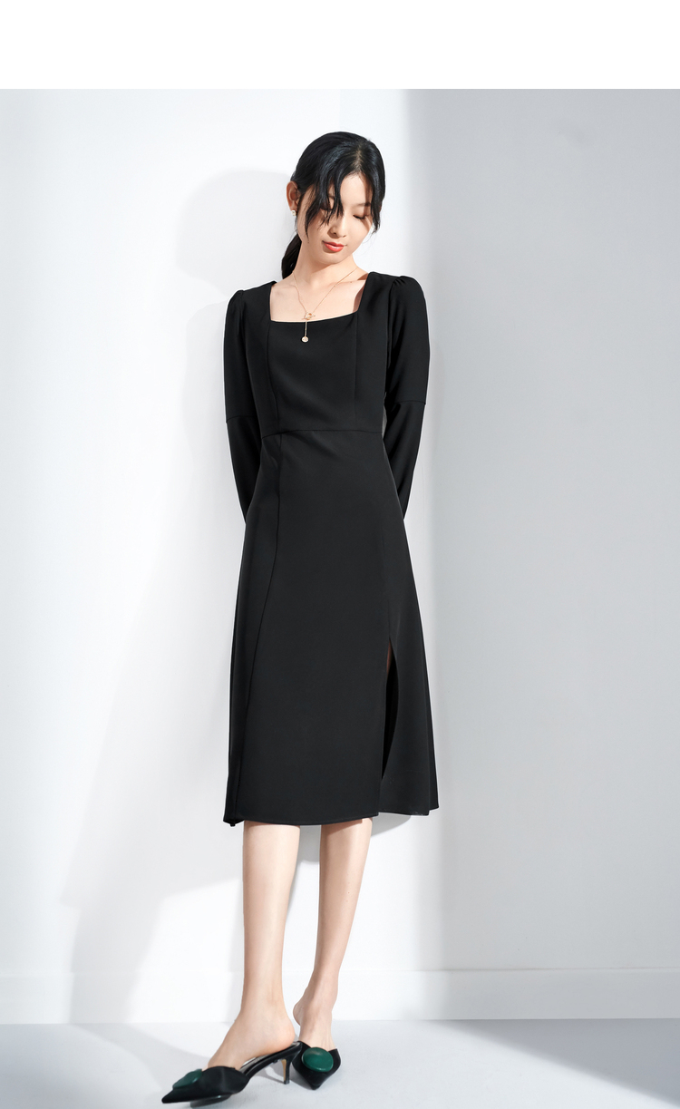 【专营店正品】气质方领灯笼袖开叉连衣裙2021春款女装a字中裙小黑裙