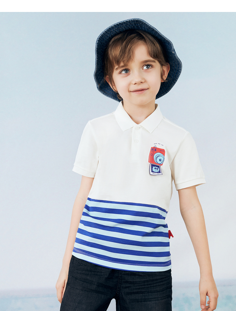 安奈儿童装男童翻领短袖t恤新款条纹可爱印花上衣热烈橙110cm