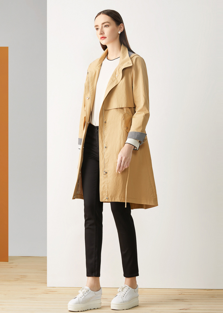 影儿yiner音儿女装2019秋季新款时尚卷袖中长款连帽风衣外套 驼色 160