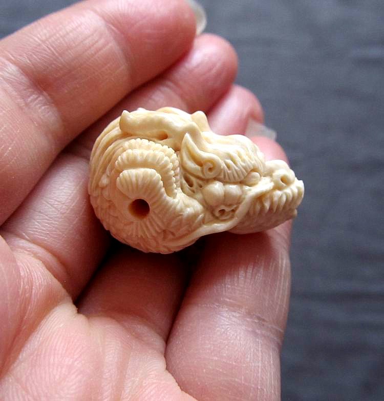 时乾 苏工精雕猛犸象牙三通佛头一体佛头 龙头一体三通diy配件 对孔1.