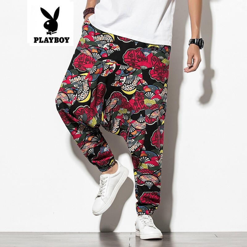 花花公子playboy2021夏季中国风印花束脚男士薄款九分裤棉麻休闲嘻哈