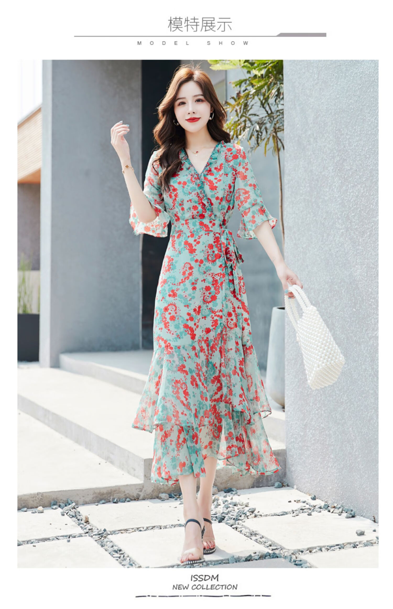 wrty轻奢原创女装雪纺v领连衣裙女2021夏季新款碎花荷叶袖收腰显瘦