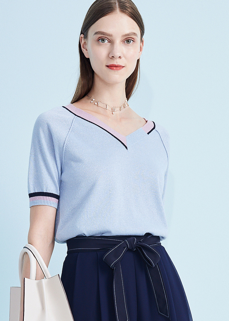 商场同款yiner音儿女装夏季新款拼色v领亮丝针织衫套头 浅蓝 165/40/l