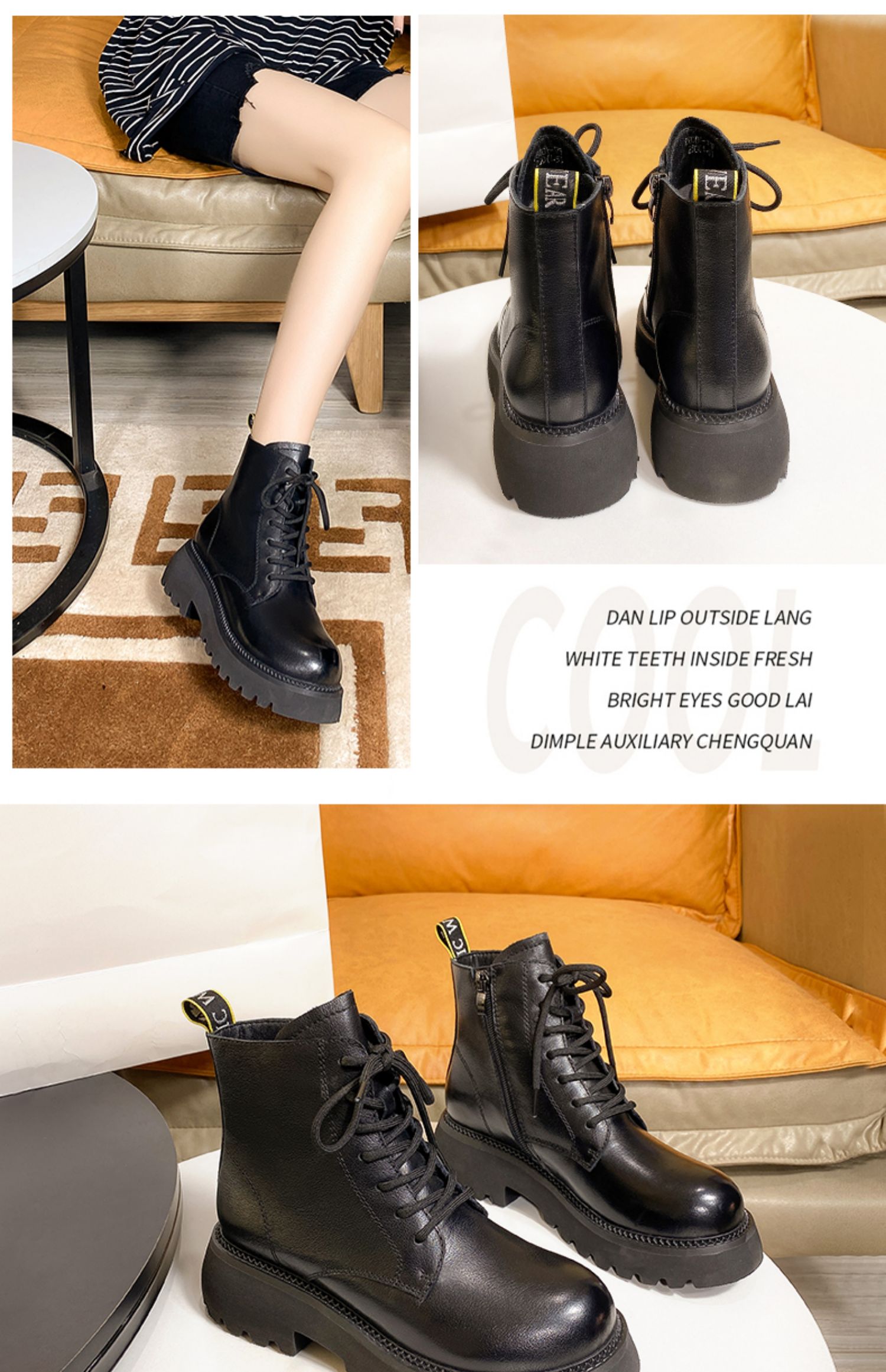 日泰马丁鞋女 新英伦风韩版真皮帅气马丁鞋侧拉链马丁短靴女 黑色 39