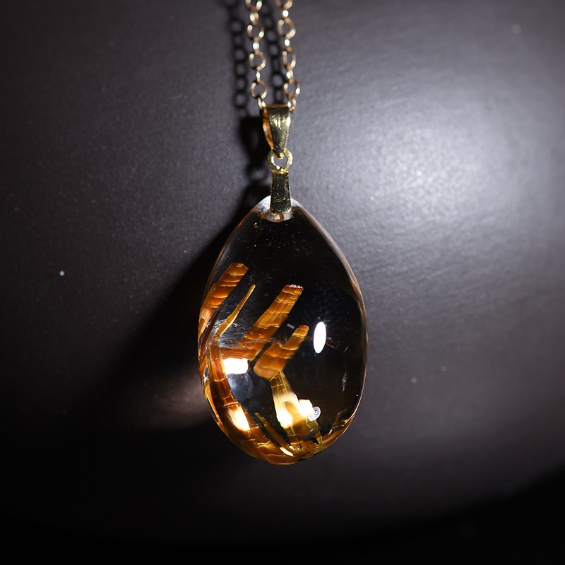 天然水晶 钛晶吊坠 水滴吊坠 全净体18k金镶嵌钛晶发晶招财水晶 精致