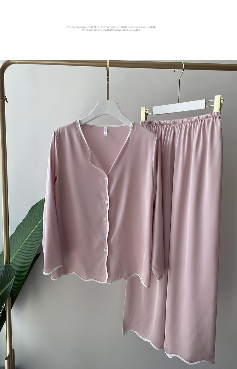 猫人【miiow】睡衣女性感新款时尚冰丝睡衣长袖女士睡衣套蝴蝶结宽松