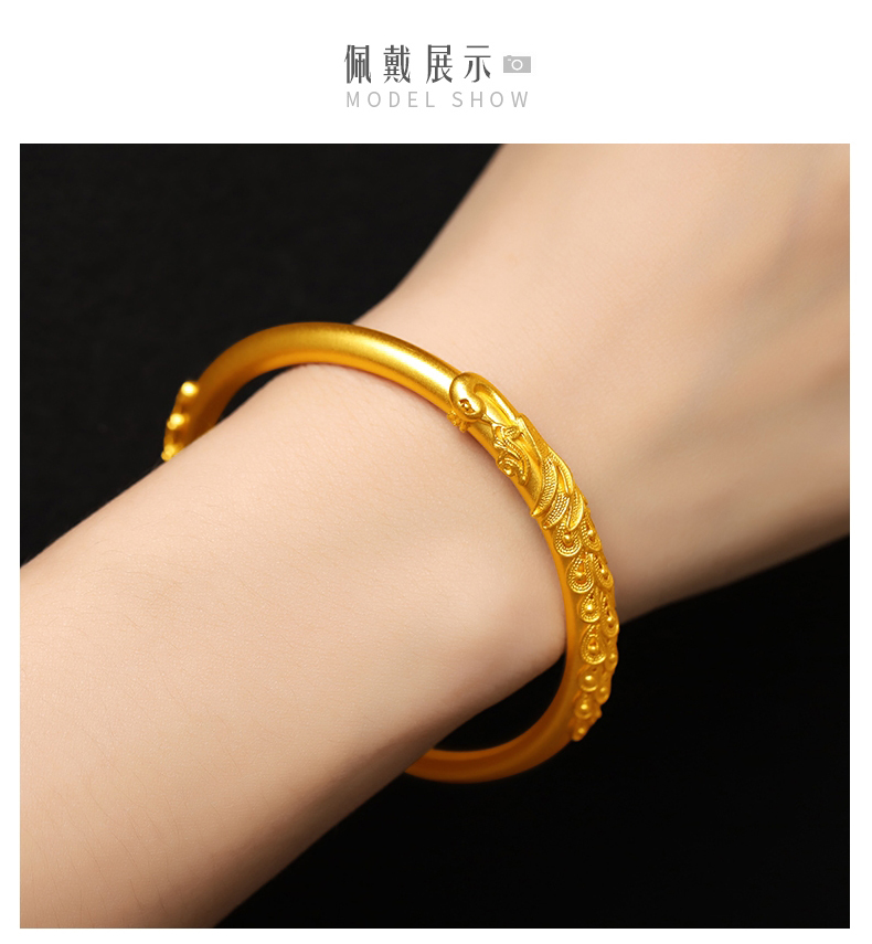 古法黄金手镯 足金9999凤凰手镯 闭口传承半实心金镯子 女士素圈手环