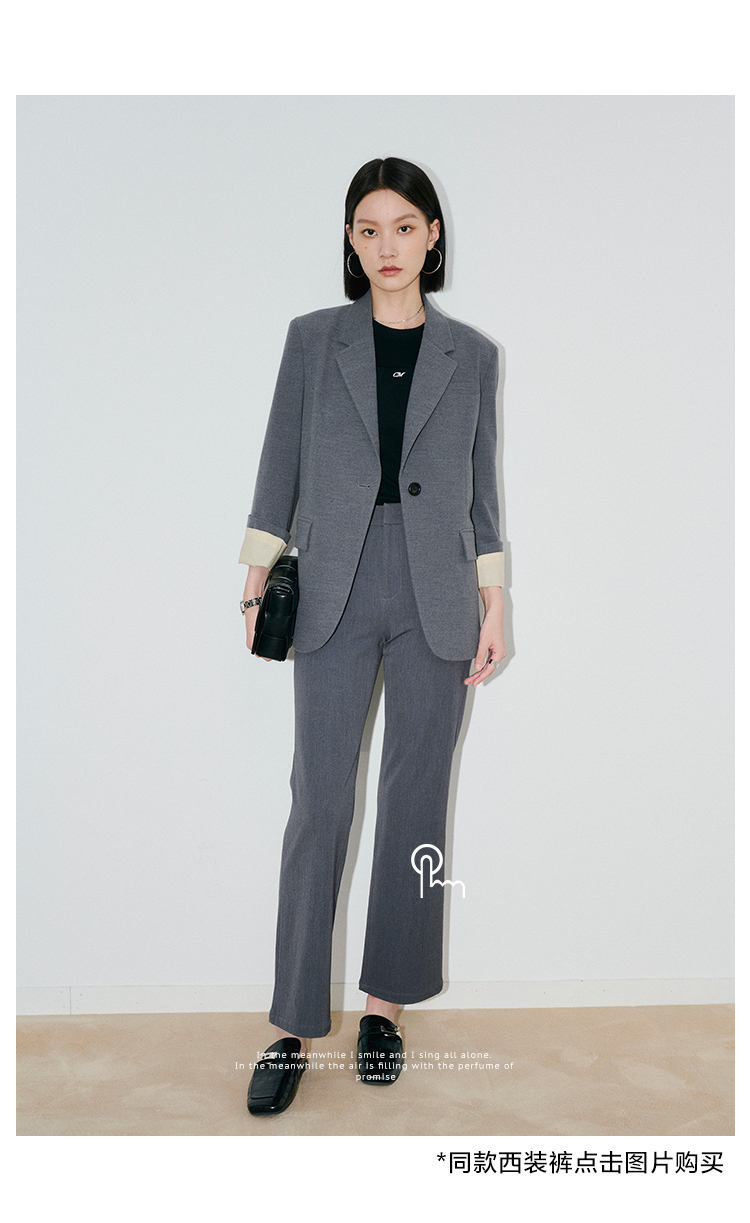 初棉高街风磨毛薄垫肩西装外套秋季通勤风一粒扣微收腰西服女麻灰色m