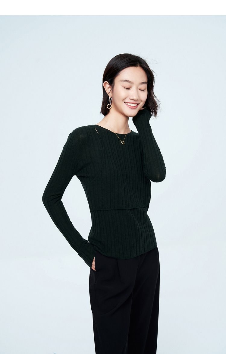 恩裳2021年春季新款时尚条纹羊毛羊绒内搭针织衫女9c61106530 芥黄 36