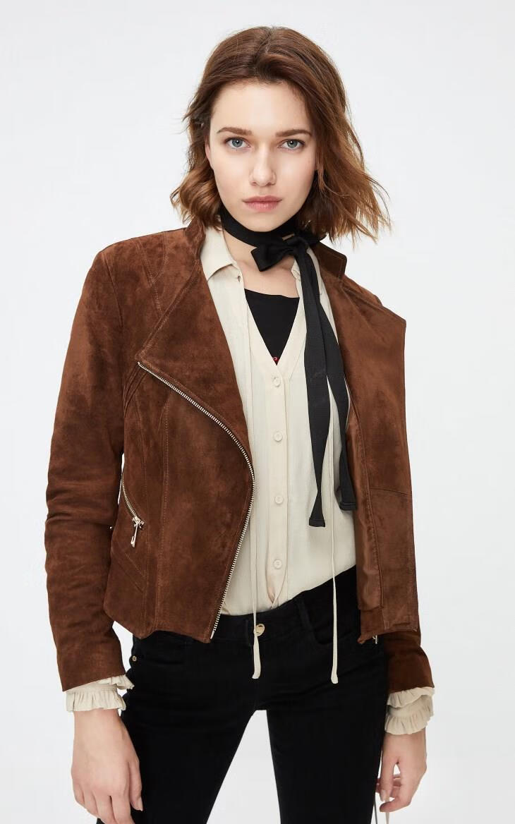 only冬季新款时尚气质修身翻领绒面短款皮衣外套女119310528 s01黑色