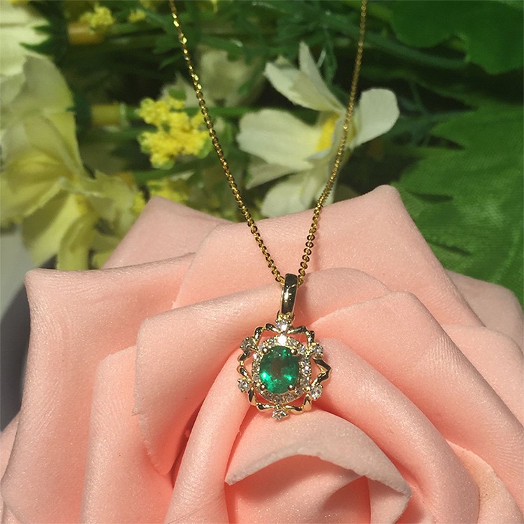 默奢 新款无油祖母绿宝石吊坠 18k黄金镶钻女 祖母绿吊坠