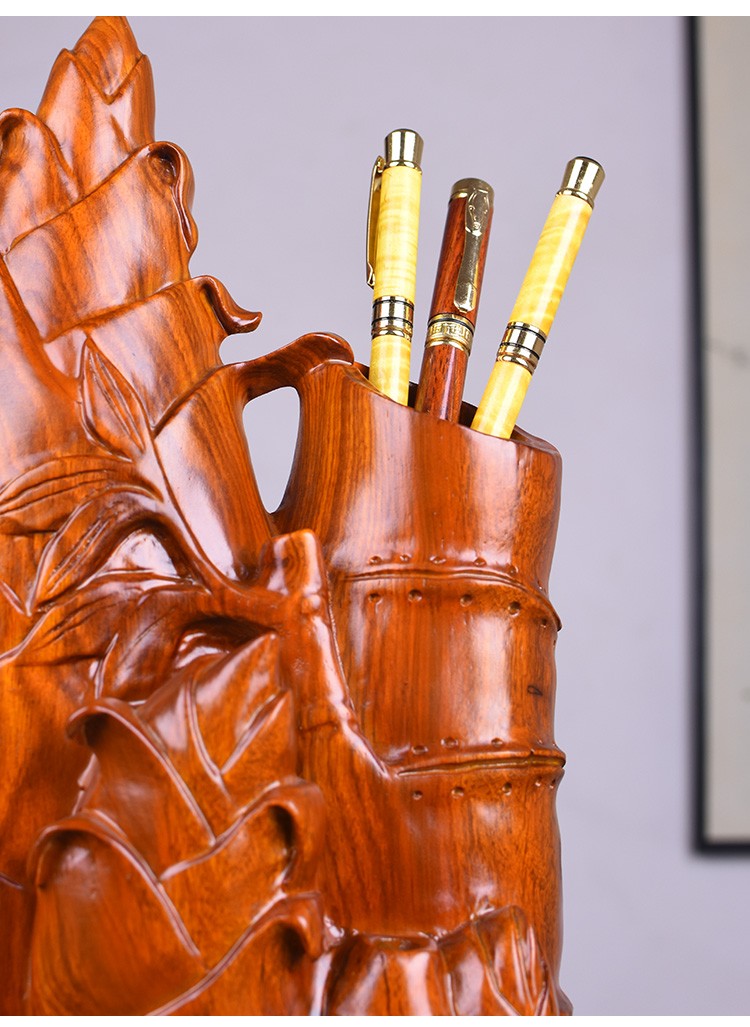 花梨木雕竹子笔筒摆件节节高升家居客厅红木工艺品高档商务礼品 整木