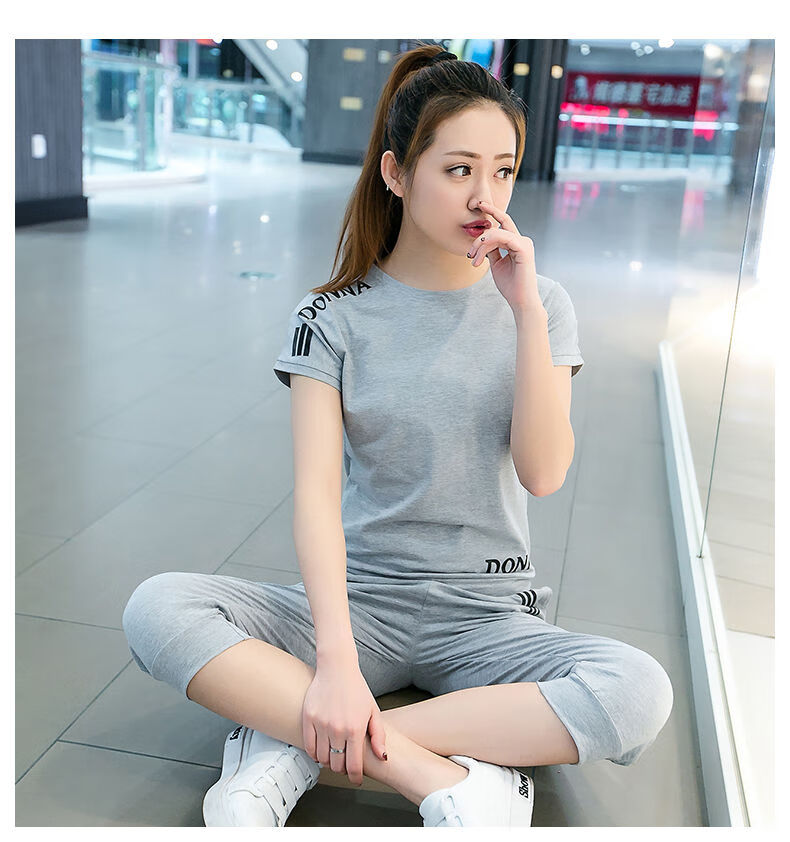 休闲套装女装春夏新款含棉运动服套装女夏韩版修身显瘦短袖七分裤休闲