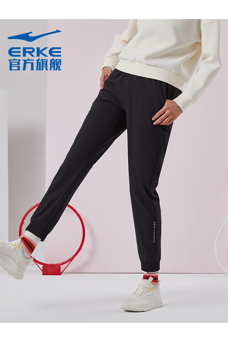 erke/鸿星尔克运动裤子女士春夏梭织薄款透气速干小脚休闲九分裤 正黑