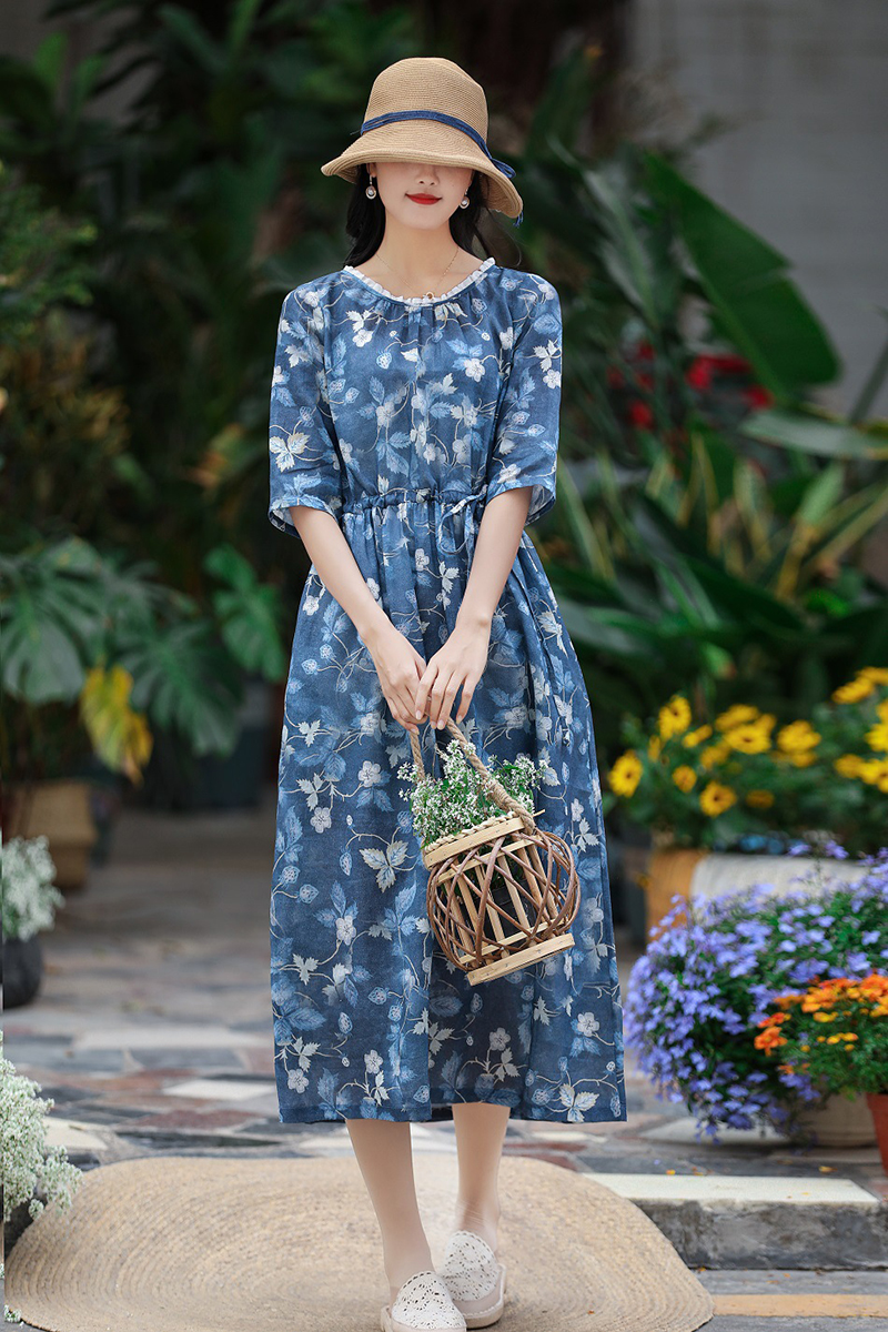 如素慢衣夏季亚麻休闲复古文艺印花五分袖系带长款连衣裙女装26234