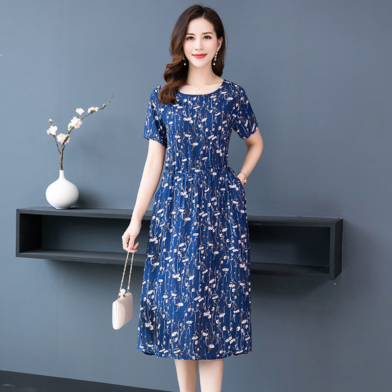 棉绸连衣裙夏装中老女中长款中年装短袖大妈碎花裙子蓝色花束xl建议