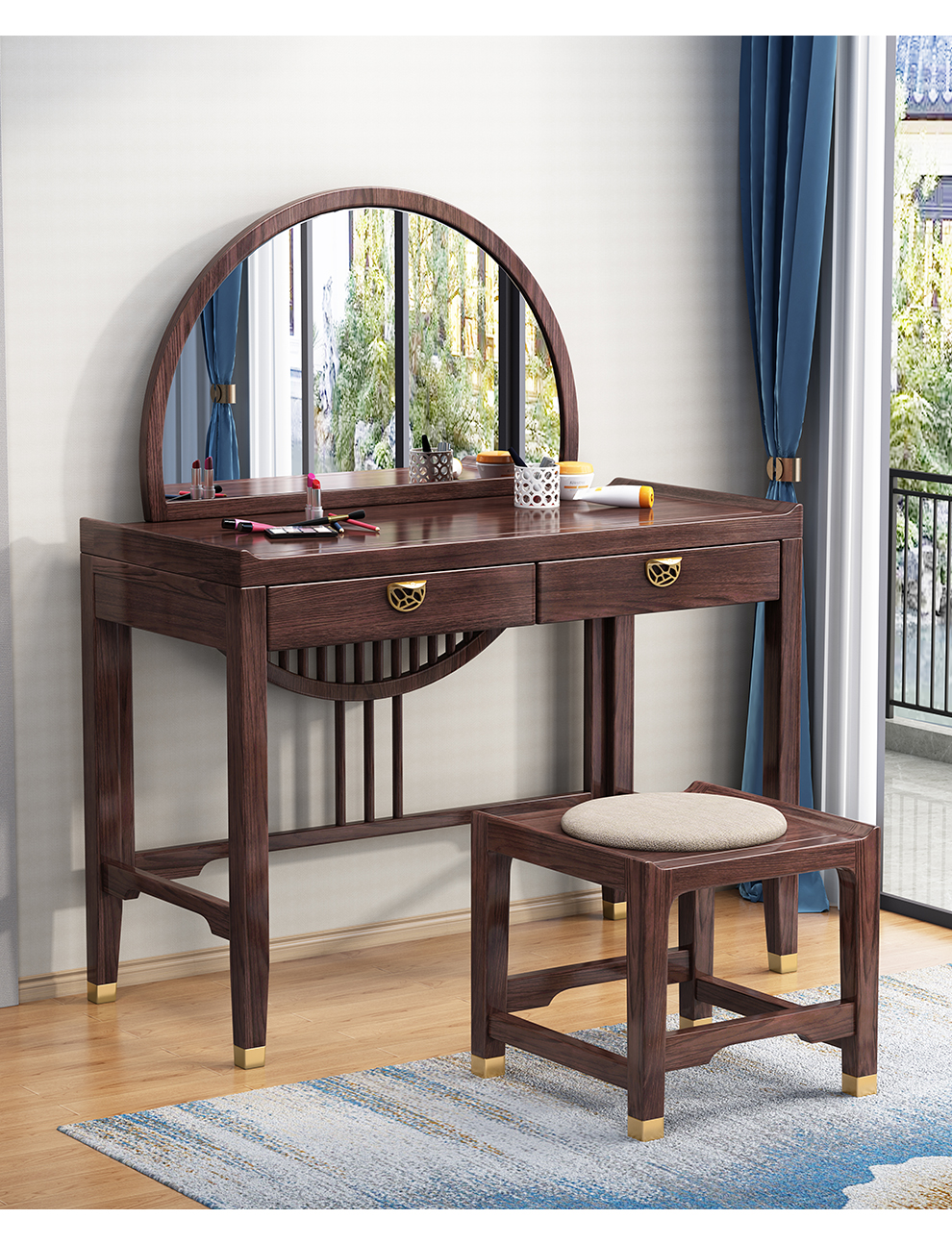 原始森林 实木梳妆台 红橡木新中式妆台 全实木现代国潮小户型 化妆台