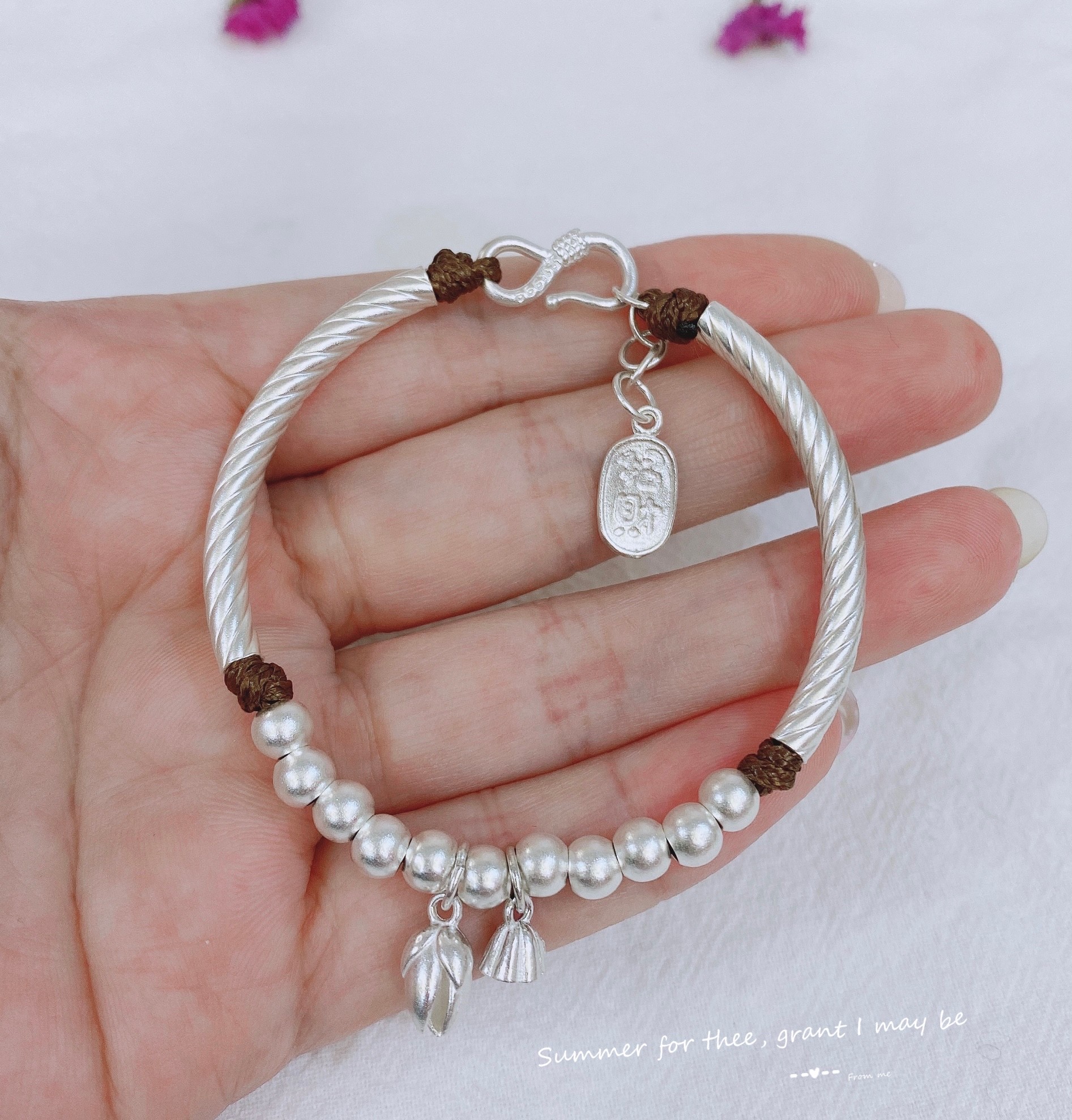 s999足银复古两世欢古法银手链莲花莲蓬手链女珠手饰年轻款送闺蜜礼物