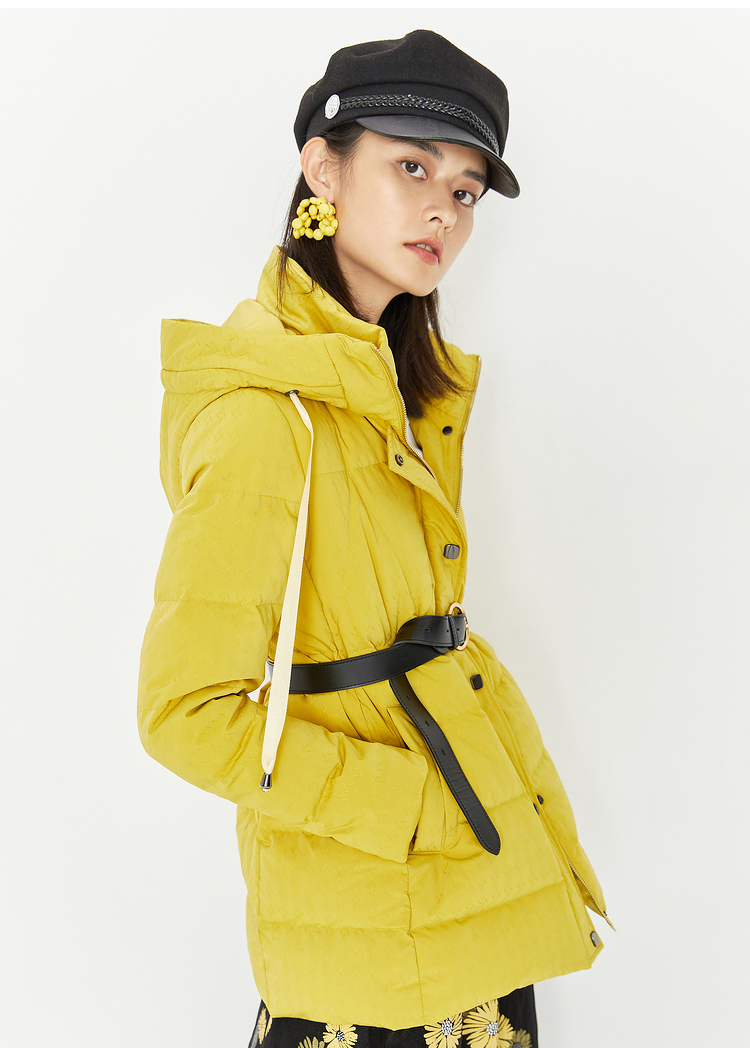 yiner音儿女装2020冬季新款纯色时尚简约加厚连帽羽绒服黄色42