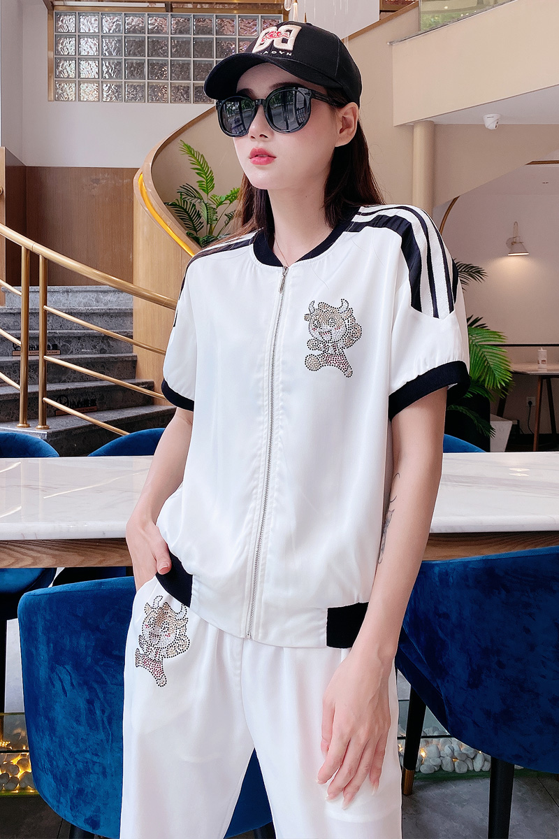 npz 休闲运动套装女2021夏季新款女装时尚潮流百搭条纹烫钻两件套女