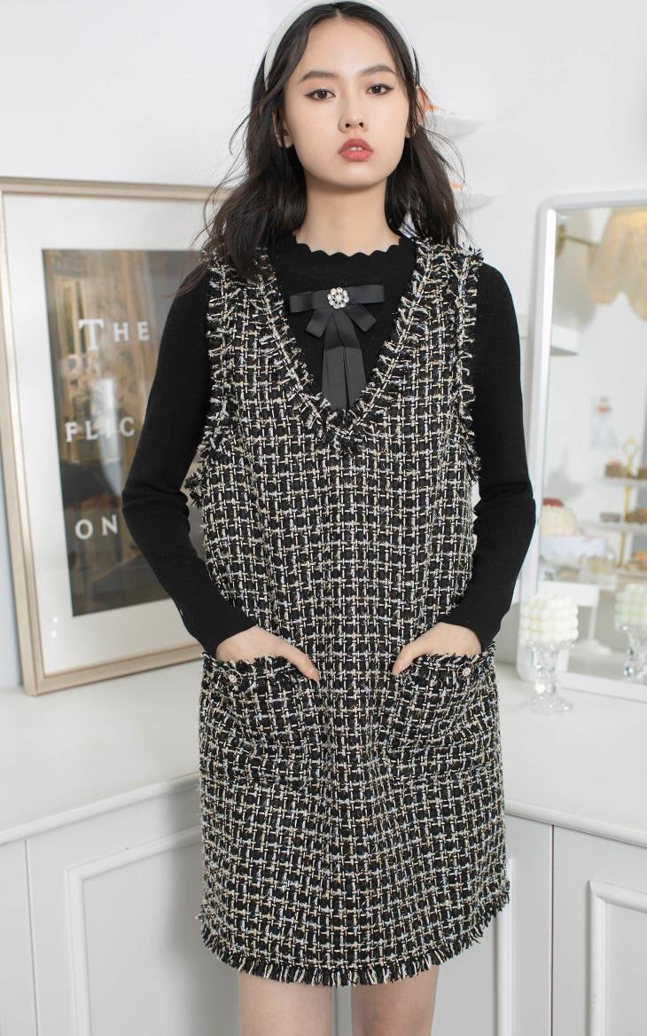 only冬季新款针织小香风短款两件设计连衣裙女120407144 e25 深紫色