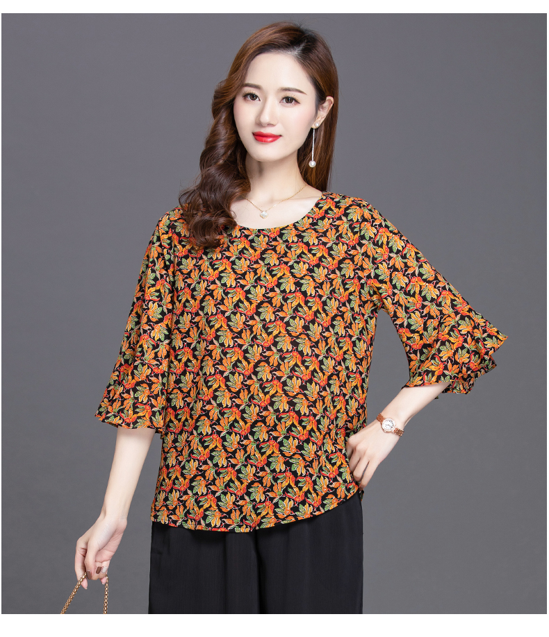 雅鹿旗舰官方 中袖夏装上衣女宽松洋气雪纺衫妈妈遮肚子碎花显瘦大码