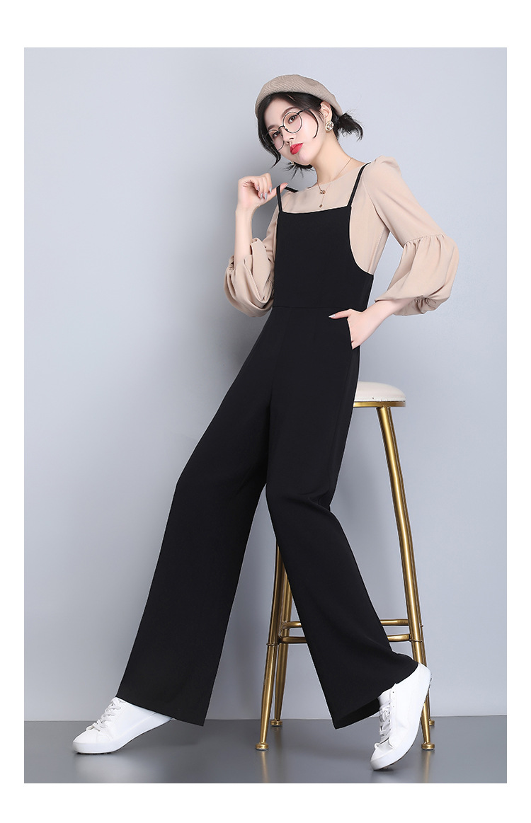 黑色吊带裤女2020秋新款洋气减龄时尚阔腿连体裤垂感直筒背带长裤