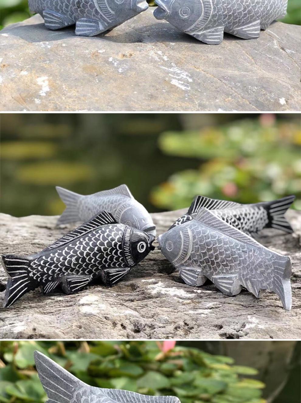 石雕鱼石头摆件家居饰品青石雕刻 连年有余鱼鲤鱼跳龙门 红尾款长10