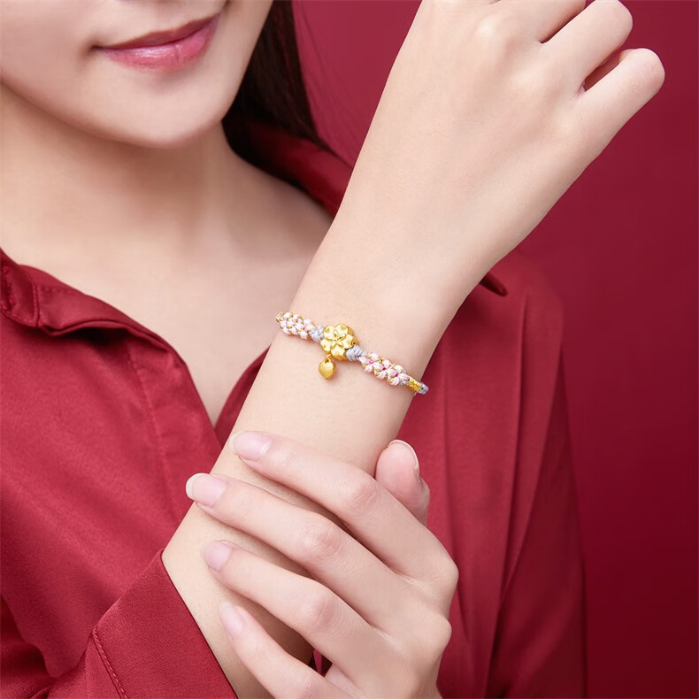 款式999足金樱花黄金手链女硬金爱心形转运珠桃花本命年编织红绳手绳