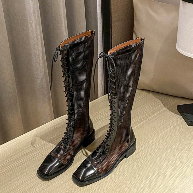 夏季长靴女真皮网靴镂空凉靴透气网纱薄款长筒靴百搭系带显瘦高筒靴