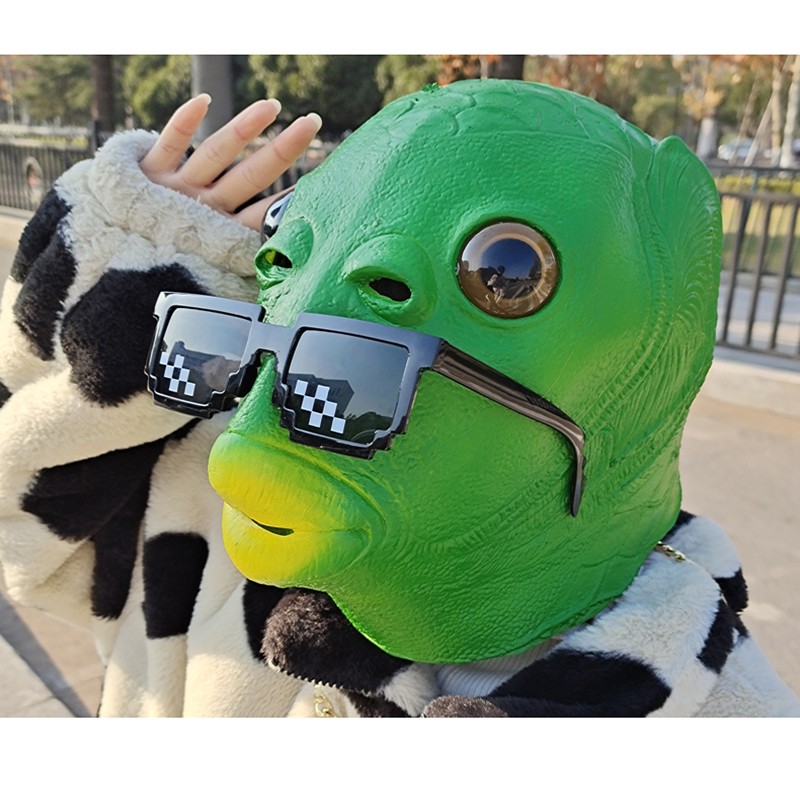 抖音绿头鱼头套绿鱼人面具鱼头怪绿鱼人搞笑网红道具马赛克眼镜创意