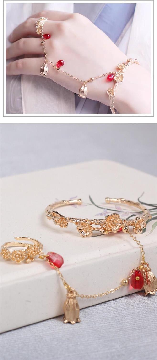 汉服手链戒指一体中国古风手镯流苏宫铃复古开口女仙女新娘手配饰