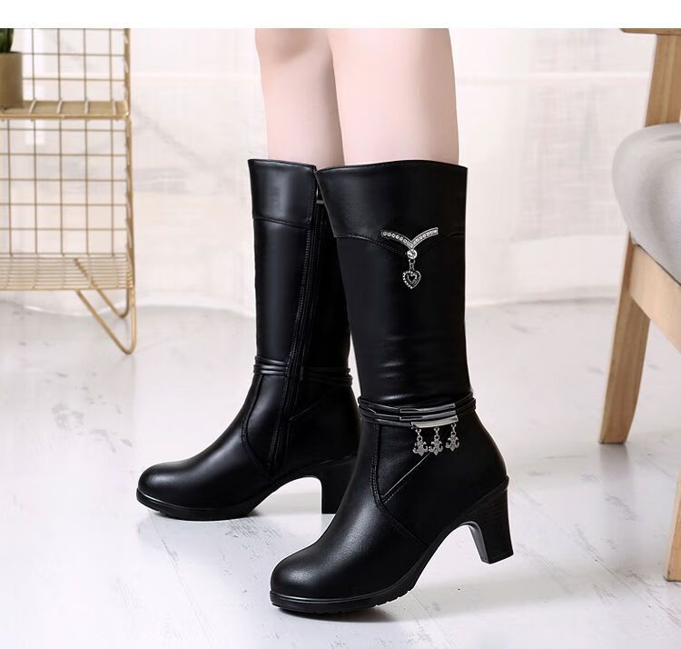 女士半高跟半筒靴中筒靴女粗腿半桶靴靴子女春秋中筒靴粗跟中年妇女中