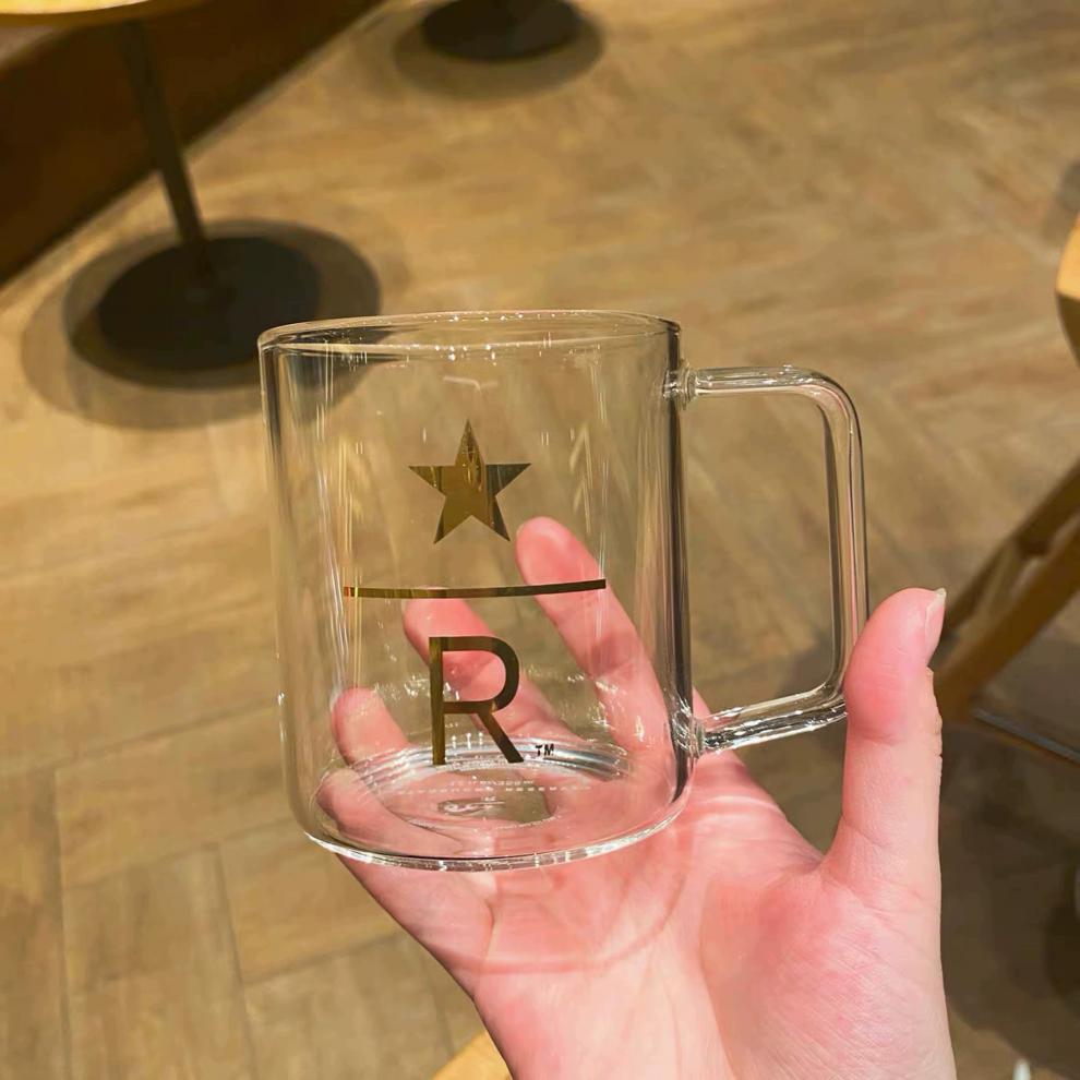 星巴克玻璃杯圣诞节礼物臻选金色星星透明把公把手杯杯子 星星杯437ml