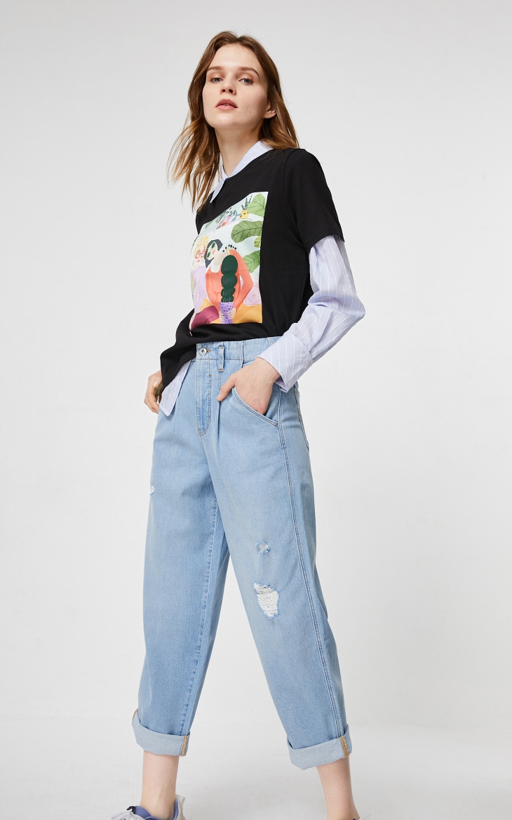 only春季新款九分宽松直筒高腰牛仔裤女120249502 j32210洗水牛仔蓝