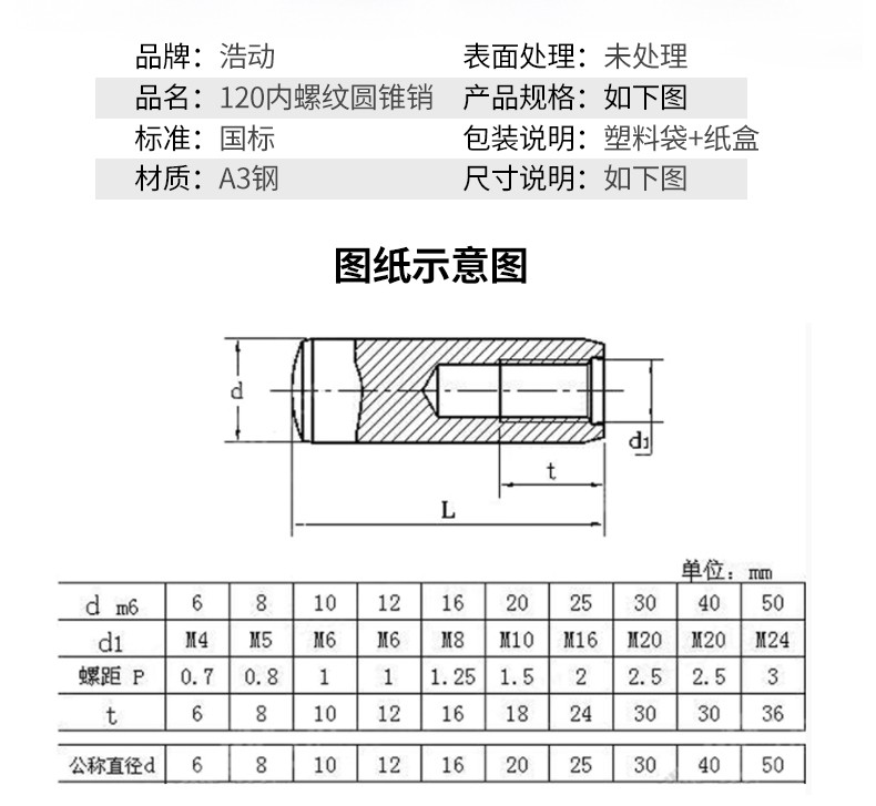 静璇gb/t118高强度内螺纹圆锥销a3钢定位销锥度销销钉 φ16-φ20 16*