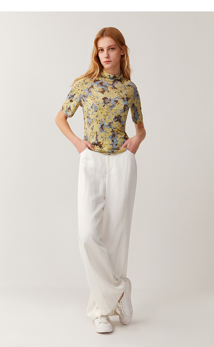 zb/珍贝2022春夏新款女装高领短袖真丝上衣印花桑蚕丝t恤薄款f310