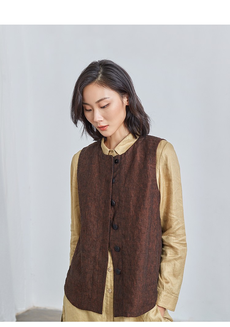 qtu原创设计女装亚麻双色色织马甲2021年新款女百搭外穿马夹w2744黑