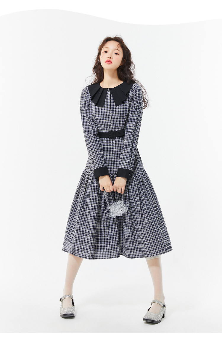 【新品】乐町气质格纹连衣裙春装2021年新款女格纹腰带连衣裙 黑色