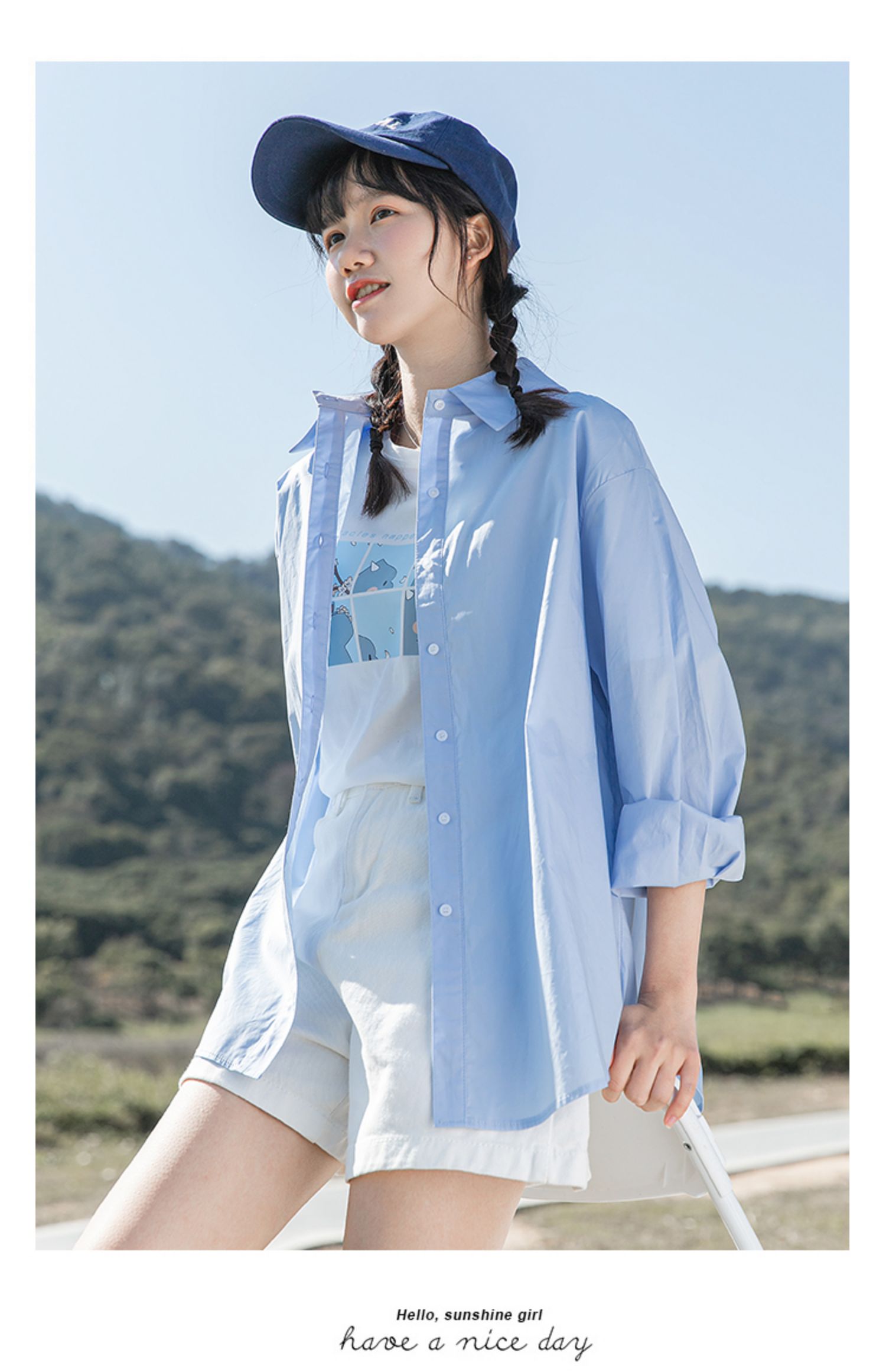 衬衫女学生长袖夏季百搭小清新上衣韩版宽松衬衣外穿时尚外套 浅蓝色