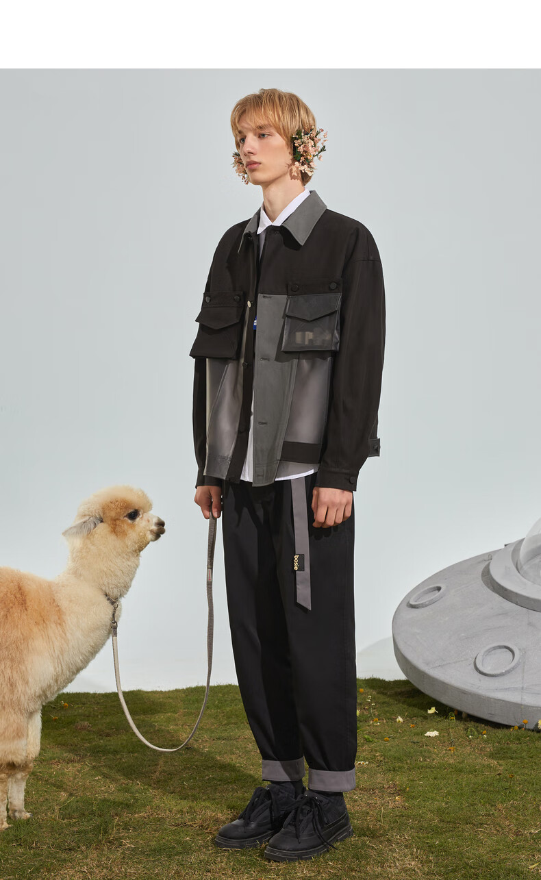 bosie2022夹克男情侣拼接个性趣味时尚女宽松休闲外套潮7131m米白色s