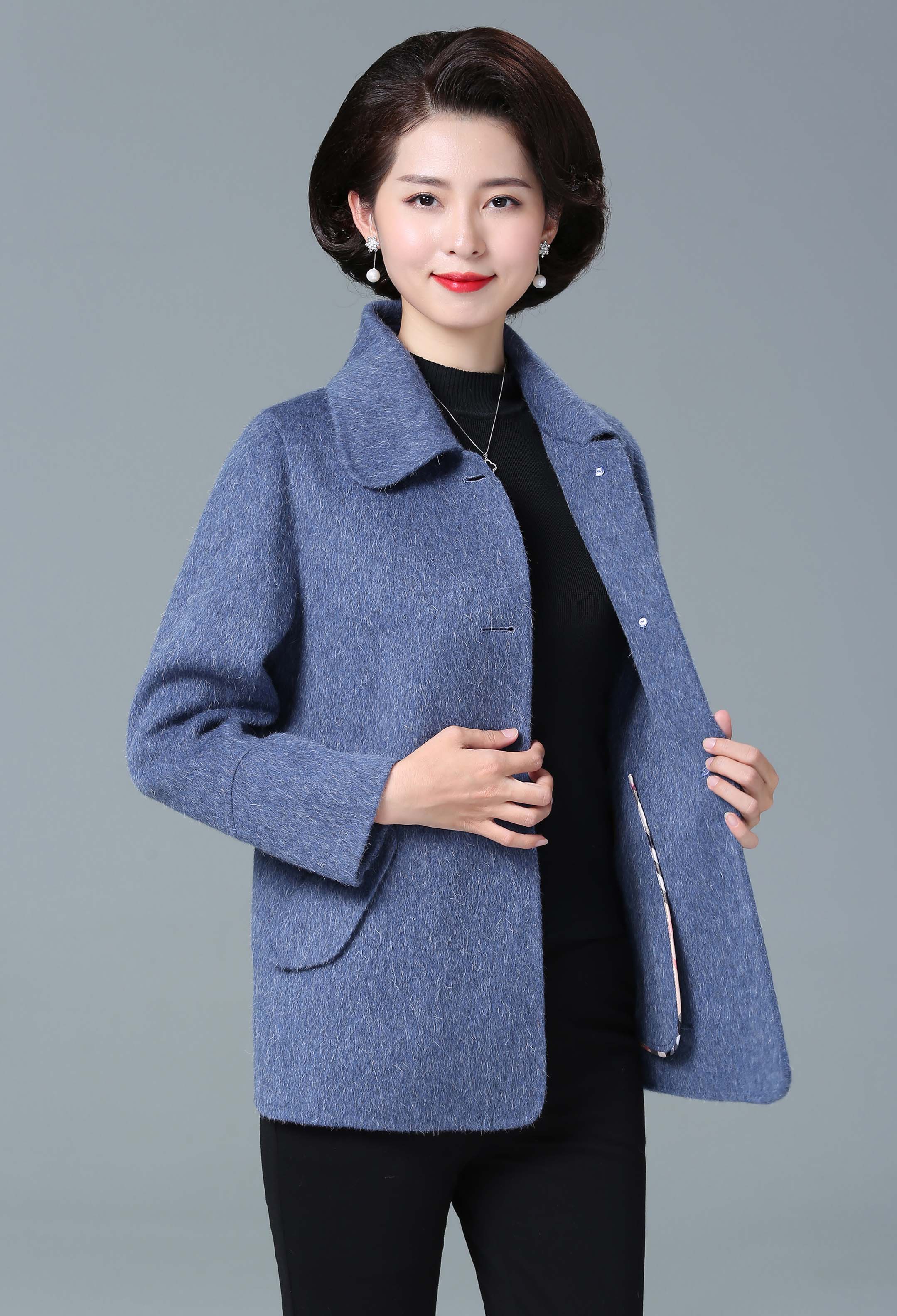 yalu妈妈冬装毛呢外套洋气短款中老年女装秋冬双面呢羊绒大衣女士上衣