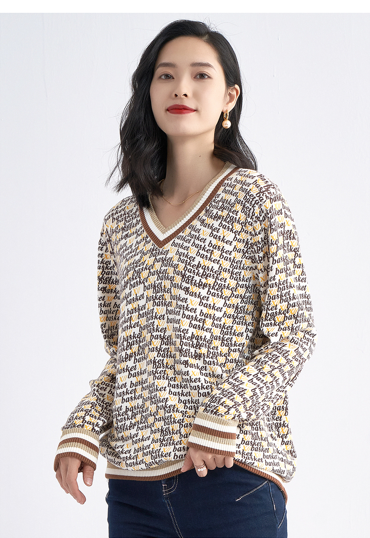 影儿十二篮 21春新款撞色logo字母提花棉质v领针织衫女 黄色 40